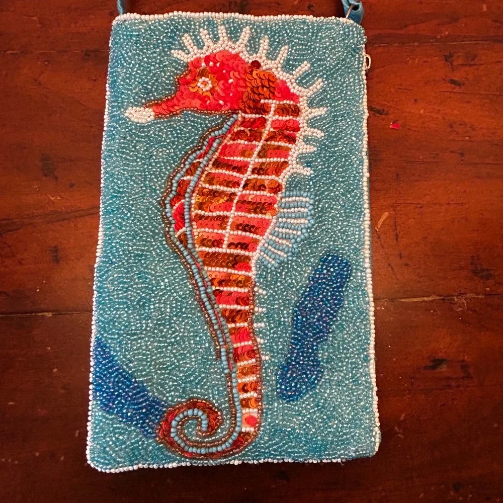 Bamboo Trading Co Seahorse Beaded Pouch Zipper w Shoulder Strap (not shown)